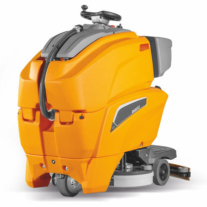 Orange Adiatek floor scrubber machine on a white background