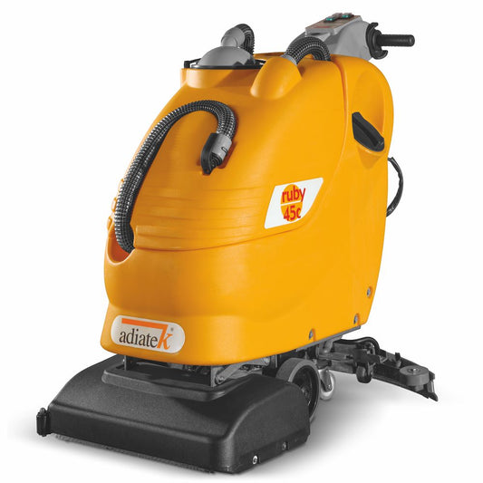 Orange scrubber dryer with 'Adiatek' and 'Ruby 45c' branding on a white background