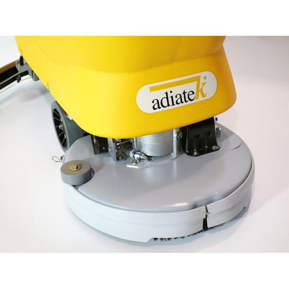 Adiatek Ruby 50t Walk Behind Floor Scrubber cleaning machine with yellow top on a white background