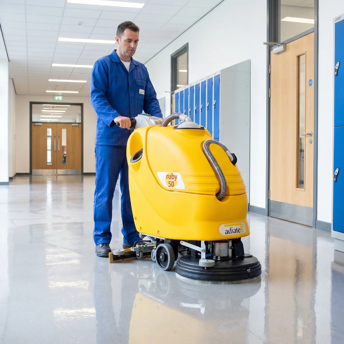 Person operating a yellow floor cleaning machine in an education setting with a hallway and lockers.