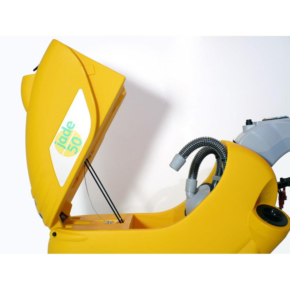 Adiatek Ruby 50t Walk Behind Floor Scrubber machine with a hose attachment on a white background