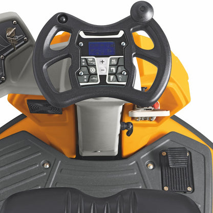 Control panel with steering wheel and digital display on a yellow and black Adiatek Topaz 90 Ride On Auto Scrubber machine.
