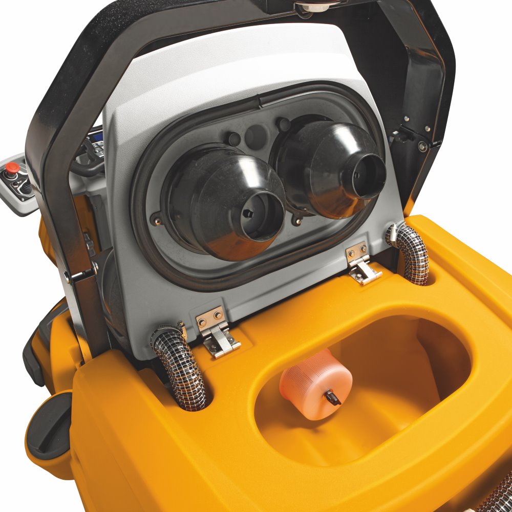 Close-up of a yellow and black Adiatek Topaz 90 Ride On Auto Scrubber machine with a detailed view of its components on a white background.