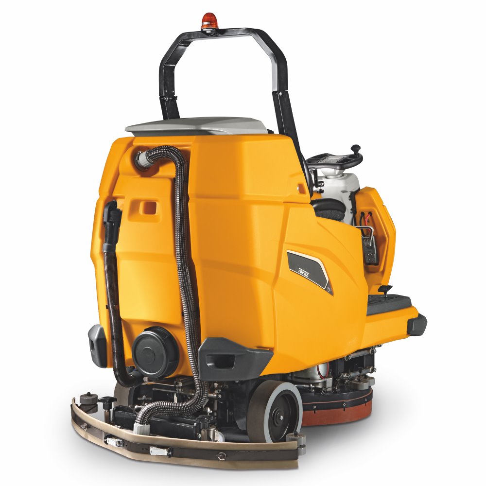 Yellow Adiatek Topaz 90 Ride On Auto Scrubber floor cleaning machine on a white background