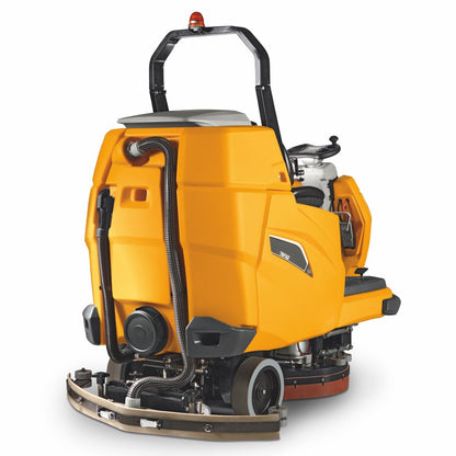 Yellow Adiatek Topaz 90 Ride On Auto Scrubber floor cleaning machine on a white background