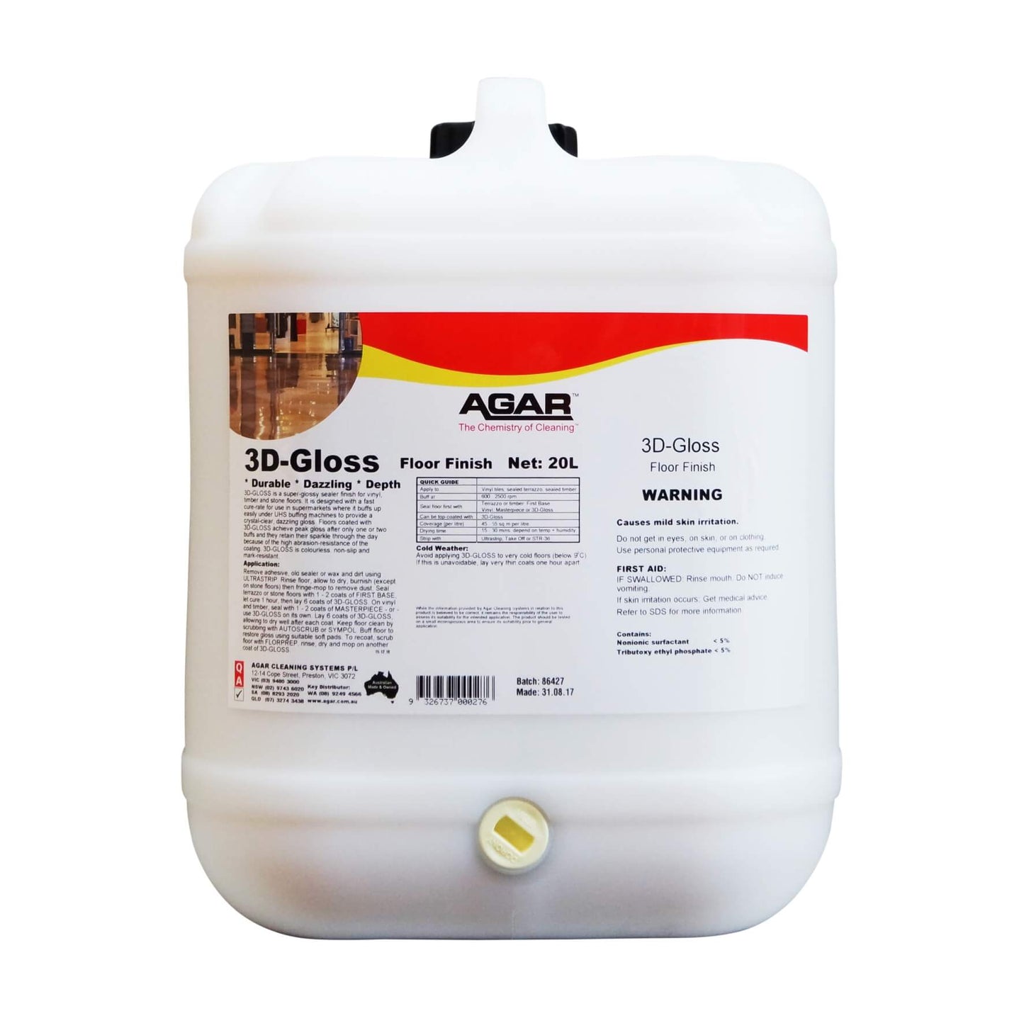 White container of Agar 3D-Gloss floor finish on a white background