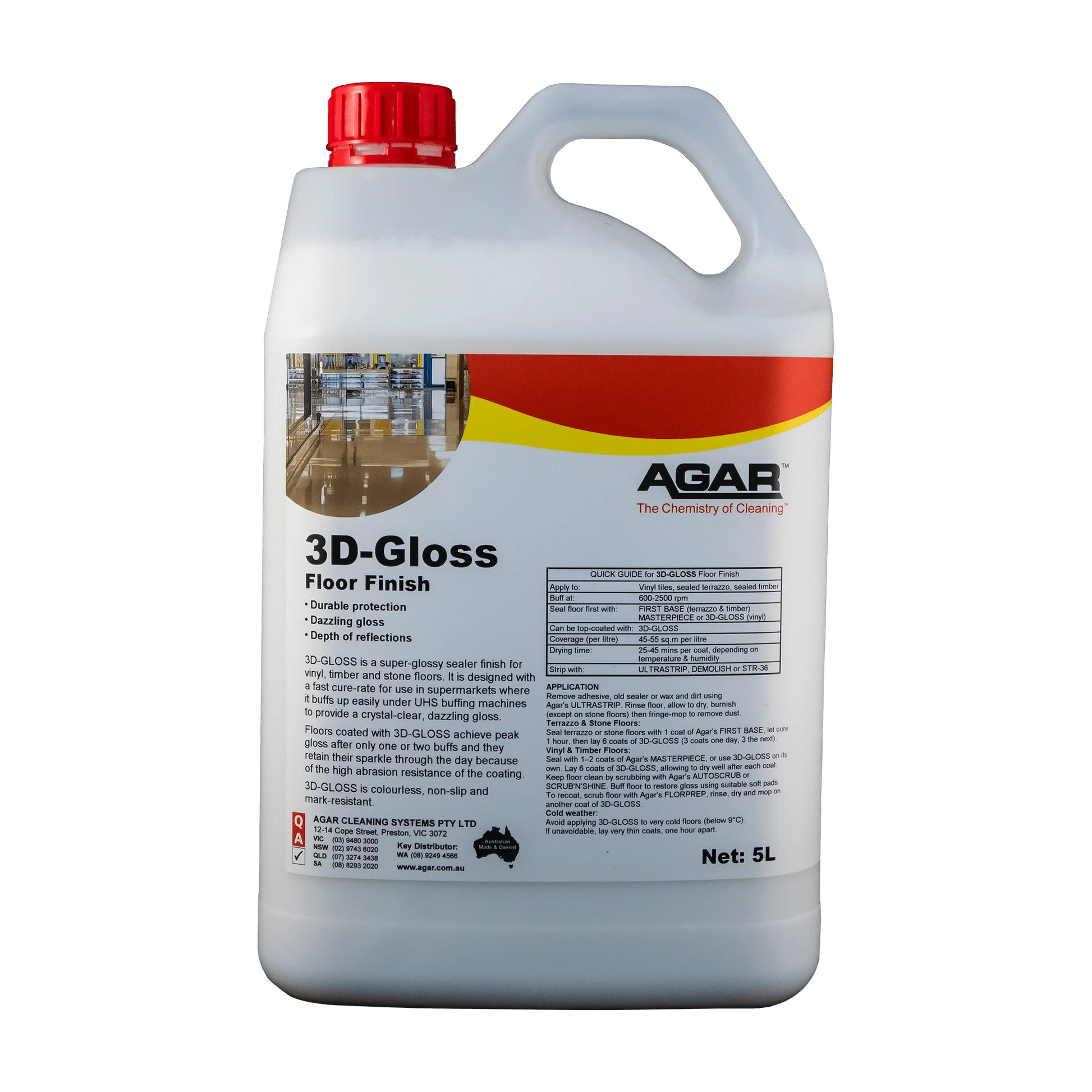 5L container of Agar 3D-Gloss Floor Finish on a white background