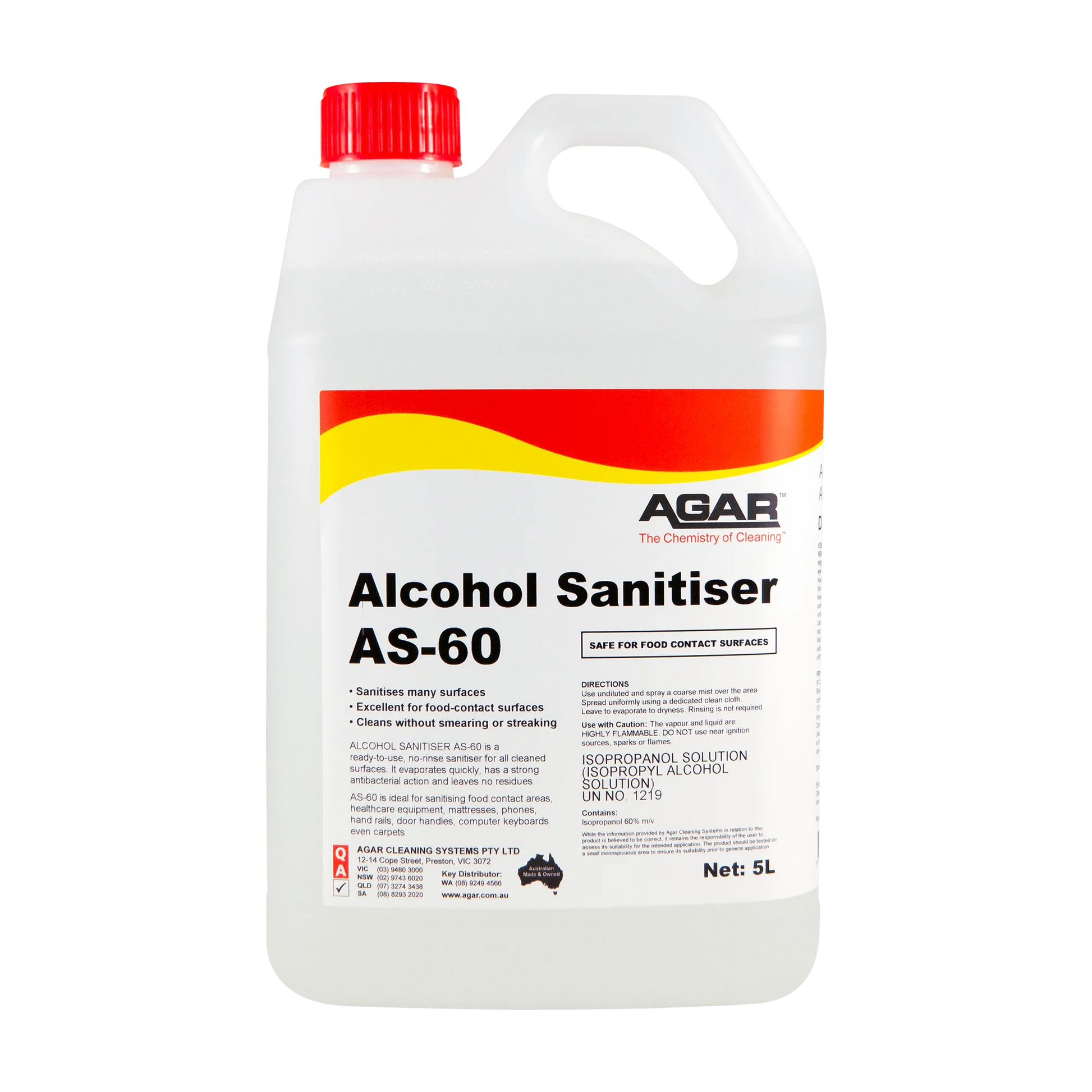 Alcohol sanitiser bottle with red and yellow label on a white background