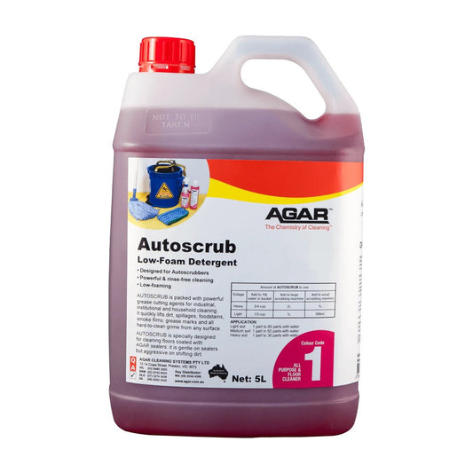 5-liter container of Agar Autoscrub Low-Foam Detergent on a white background