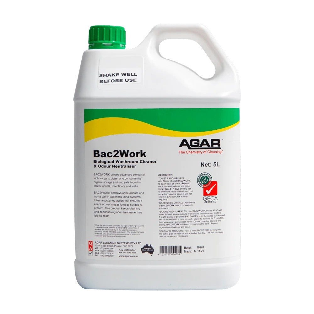 5L container of Agar Bac2Work Biological Washroom Cleaner on a white background