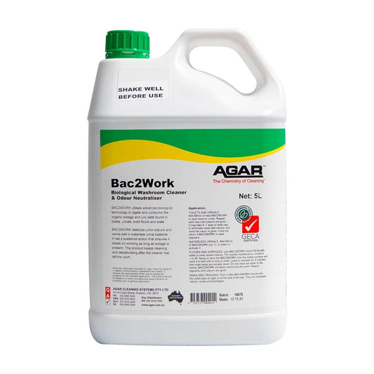 5L container of Agar Bac2Work Biological Washroom Cleaner on a white background