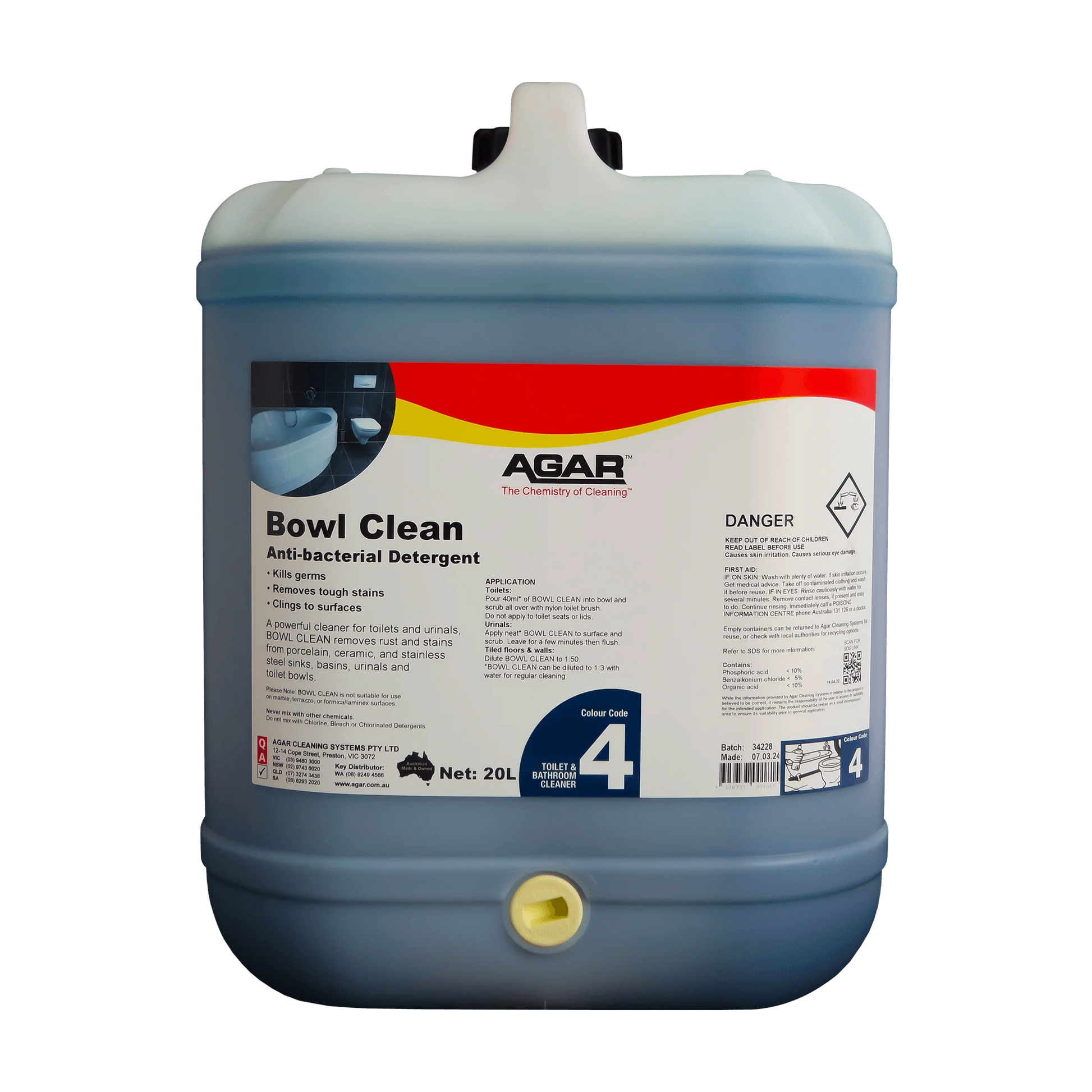 Large container of Agar Bowl Clean Anti-bacterial Detergent on a white background