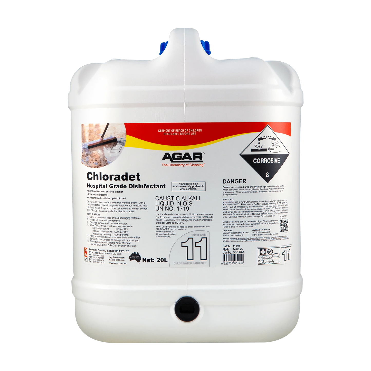 White container of Chloradet disinfectant with Agar branding on a white background