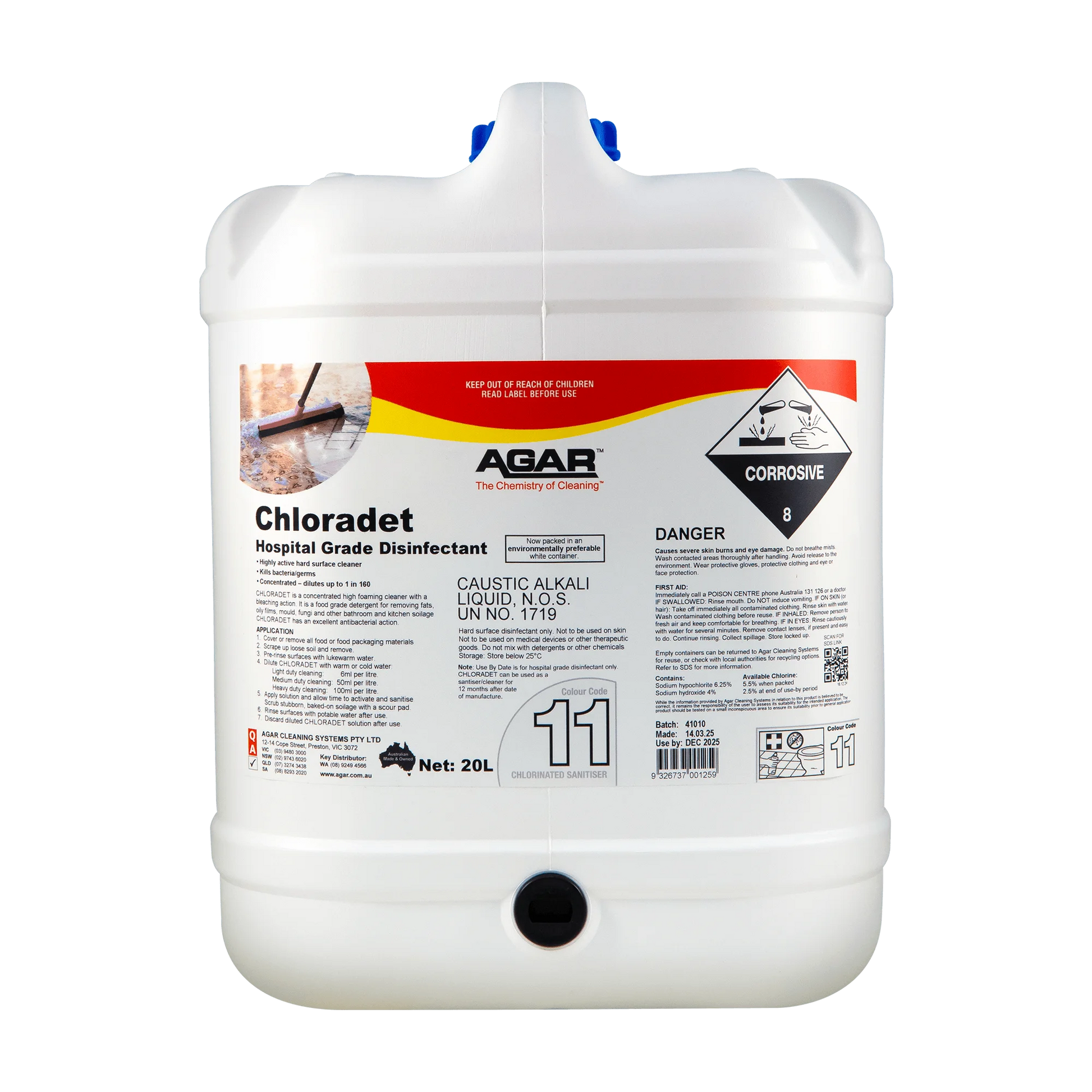 White container of Chloradet disinfectant with Agar branding on a white background