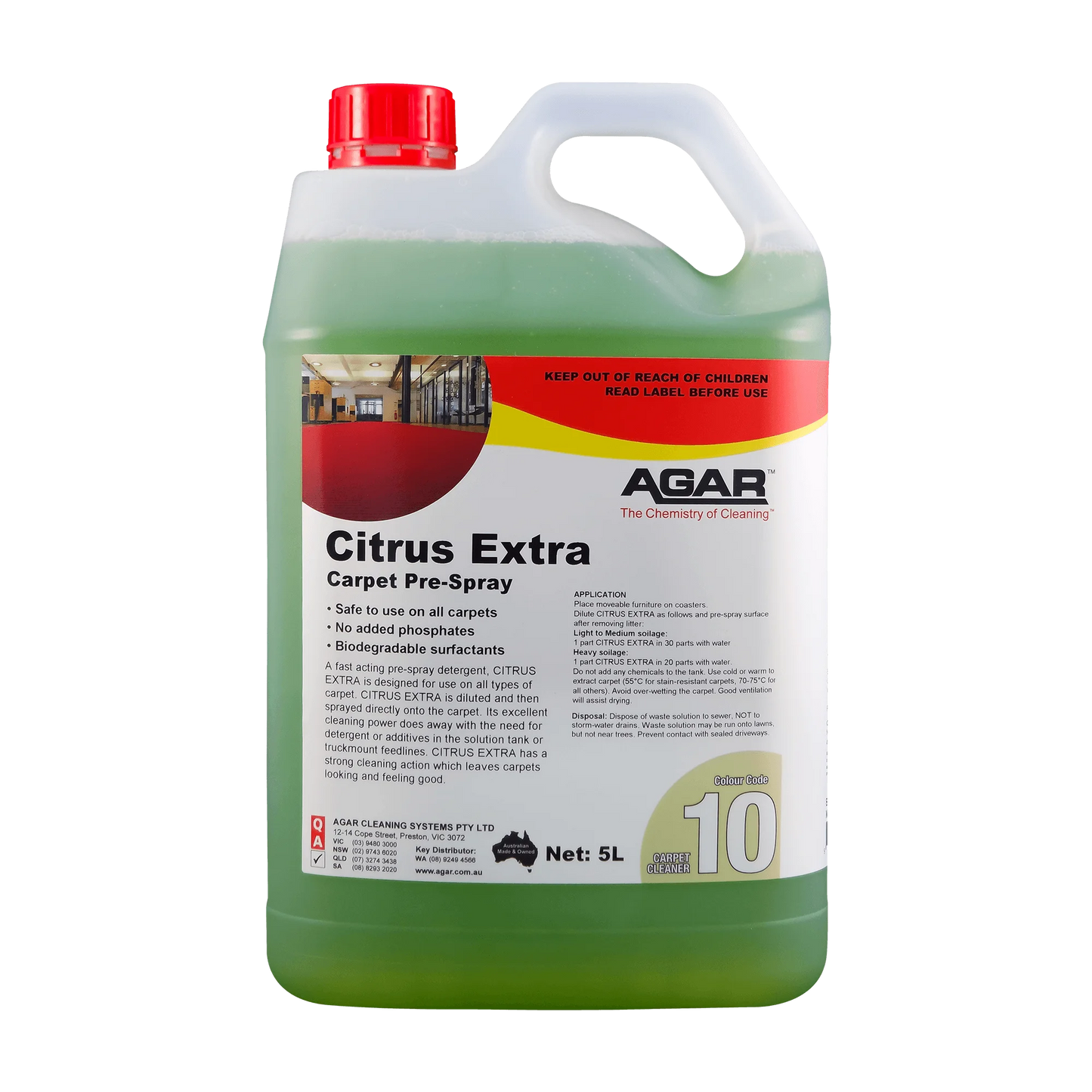 5L container of Agar Citrus Extra Carpet Pre-Spray on a white background