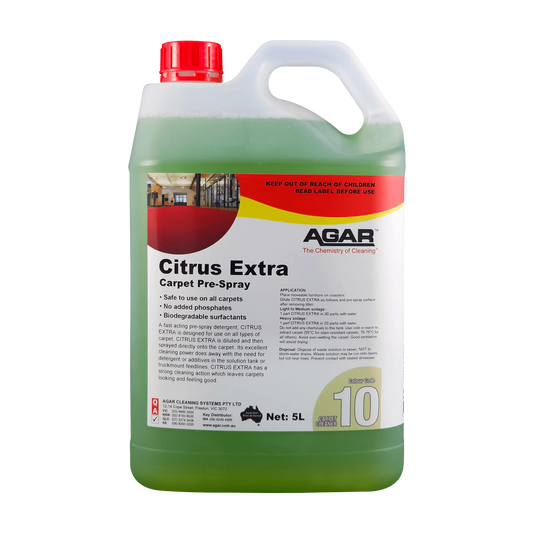 5L container of Agar Citrus Extra Carpet Pre-Spray on a white background