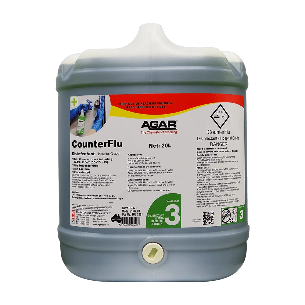 Large container of AGAR CounterFlu disinfectant on a white background