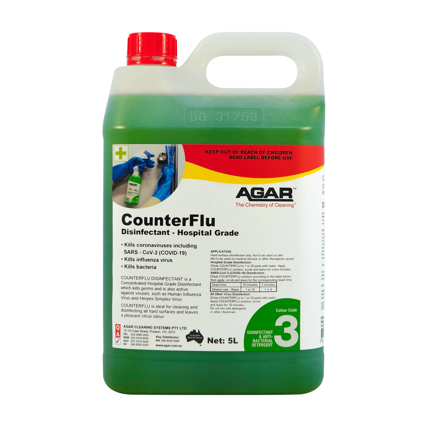 Green and white container of Agar CounterFlu disinfectant on a white background