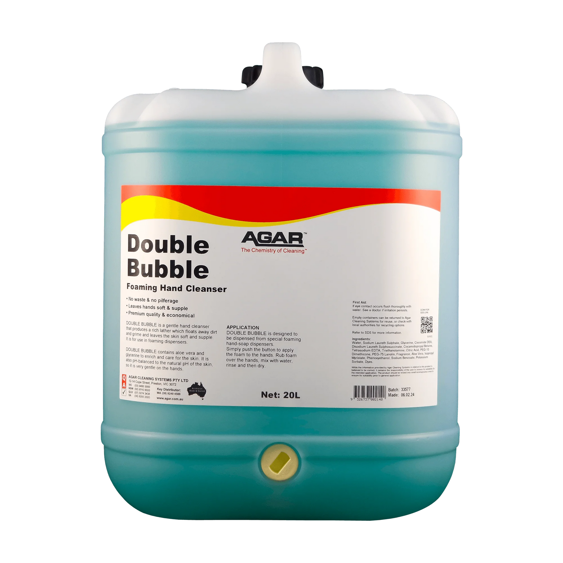 Large container of Double Bubble foaming hand cleanser with Agar branding on a white background