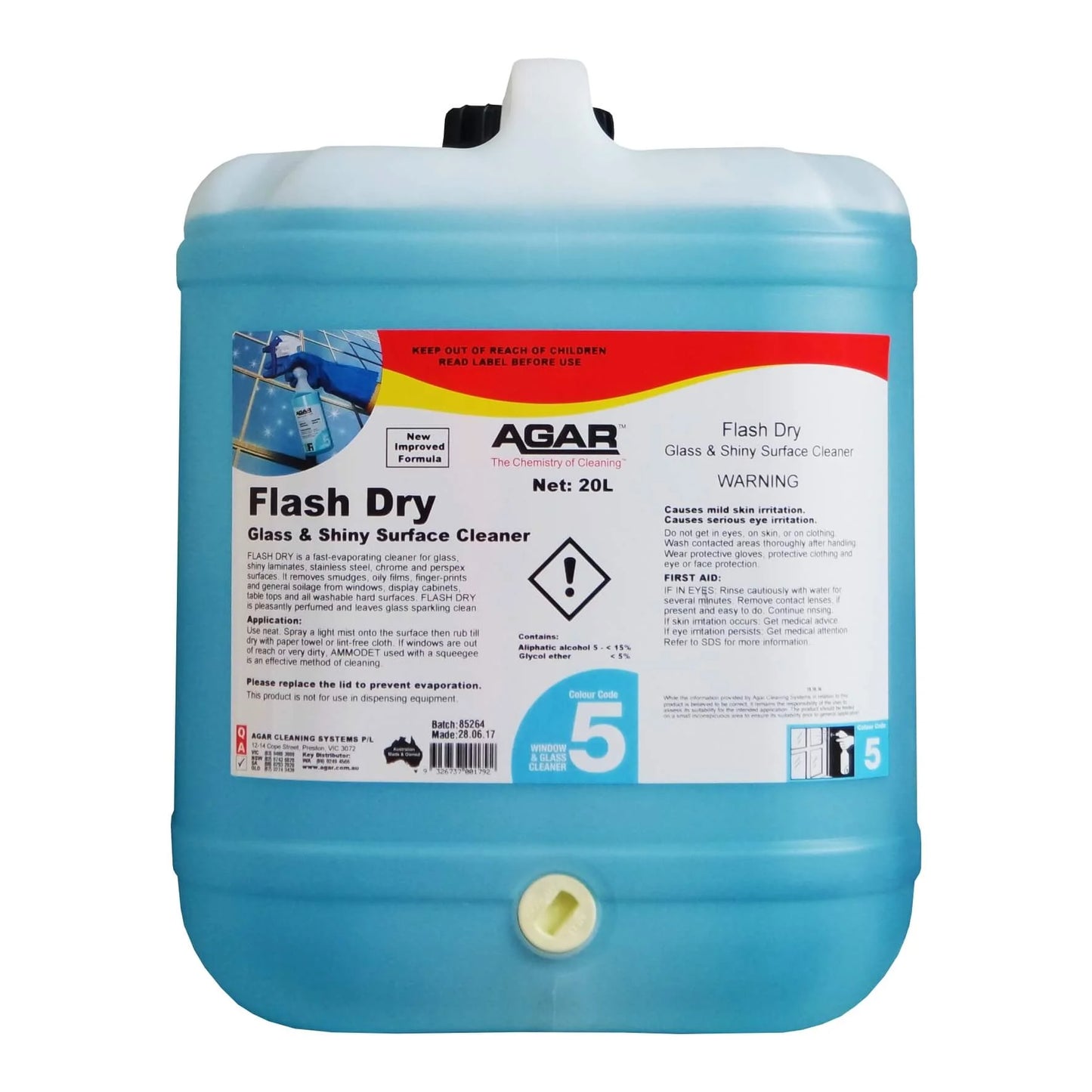 Blue container of Agar Flash Dry glass and shiny surface cleaner on a white background