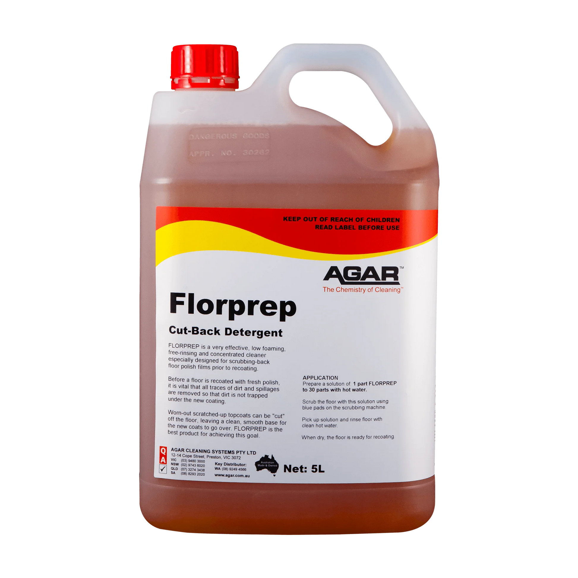 5L bottle of Agar Florprep Cut-Back Detergent on a white background