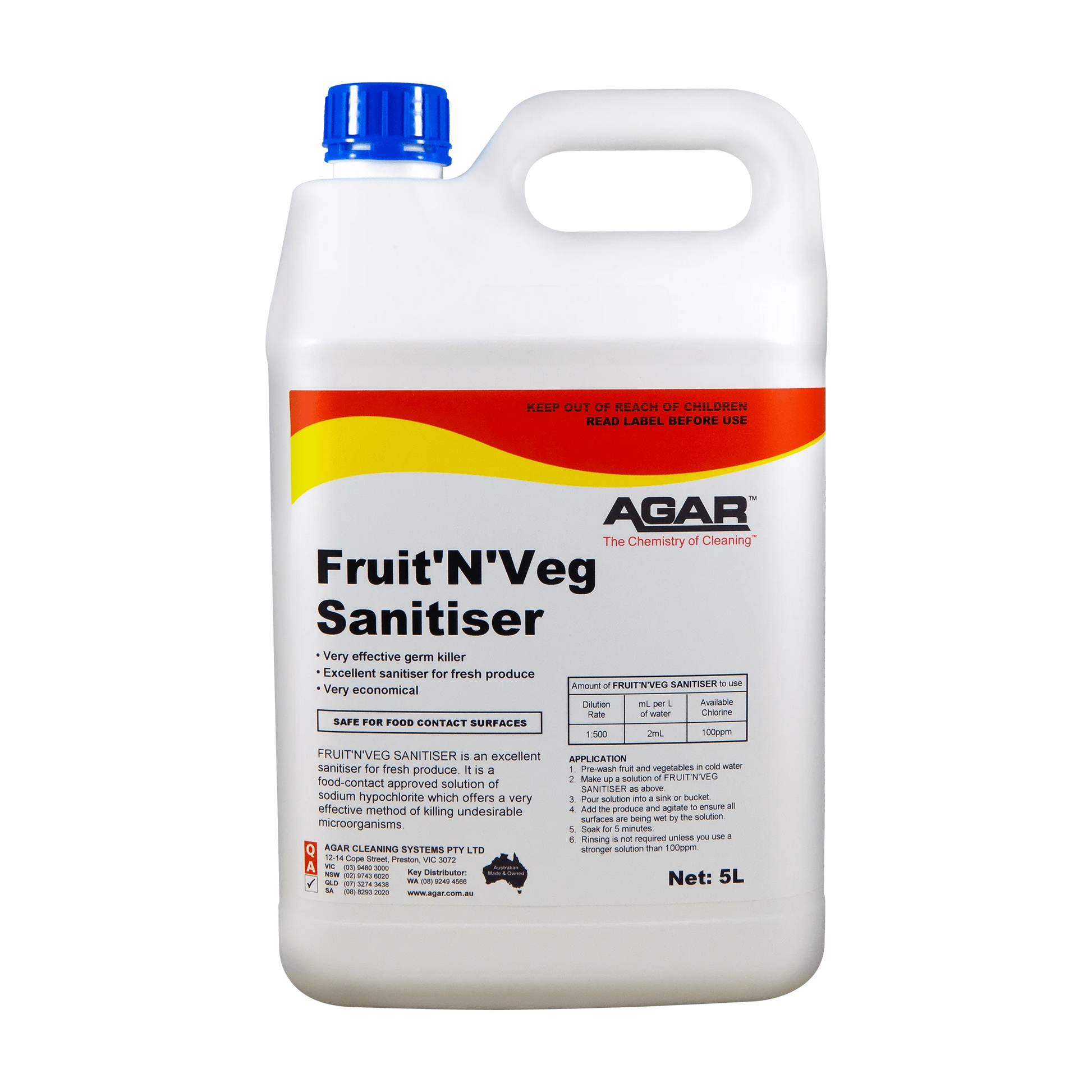 5-liter container of Agar Fruit 'N' Veg Sanitiser on a white background