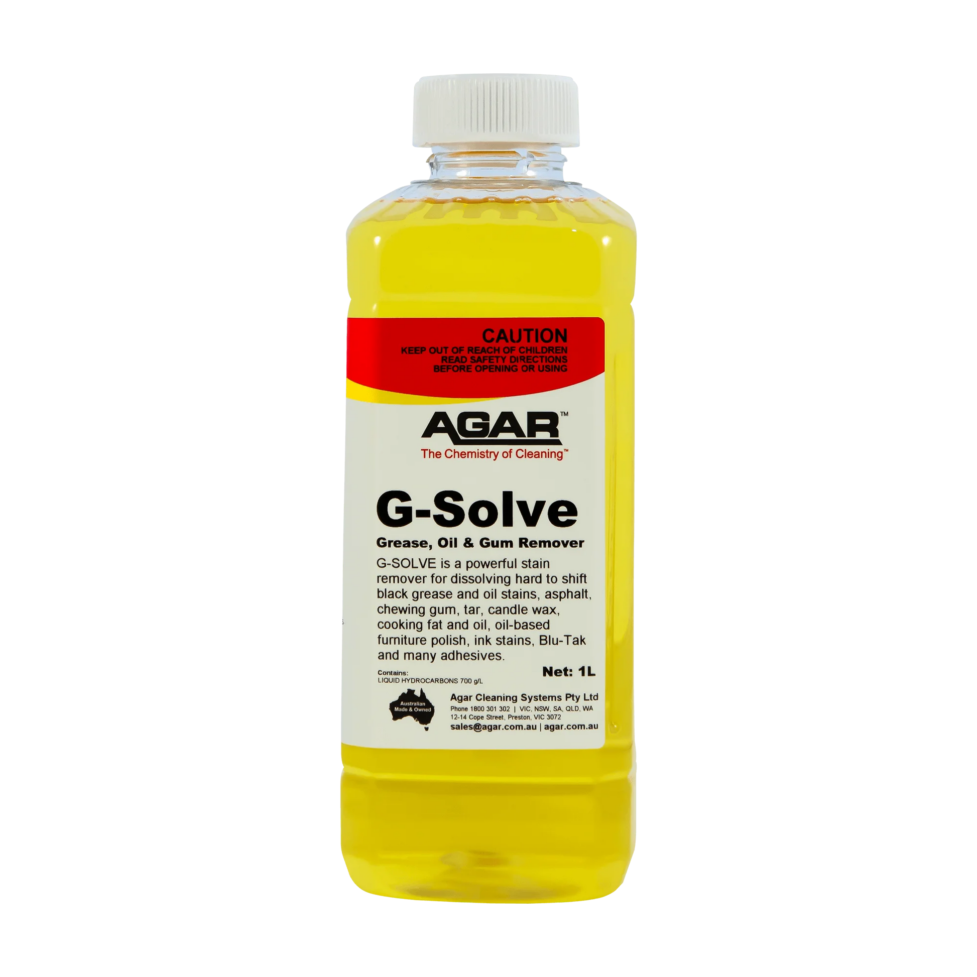 Bottle of Agar G-Solve grease, oil, and gum remover on a white background