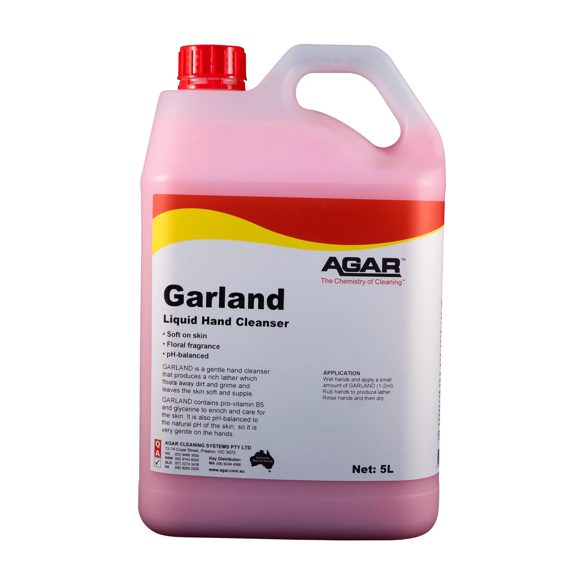 5L container of Agar Garland Liquid Hand Cleanser on a white background