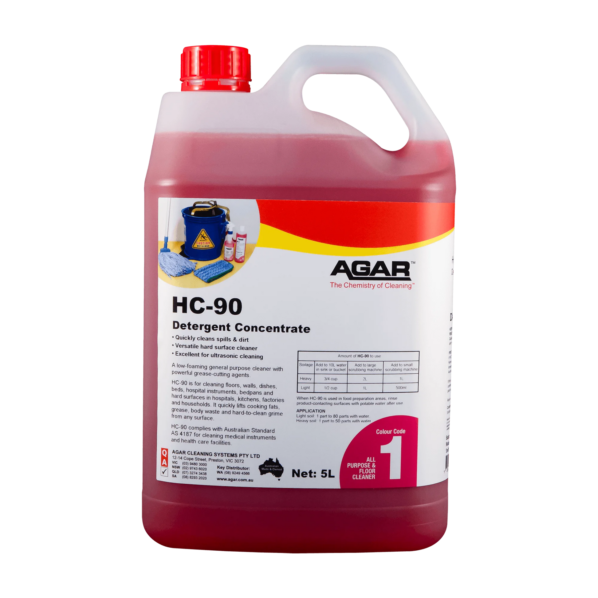 Red and white container of Agar HC-90 Detergent Concentrate on a white background
