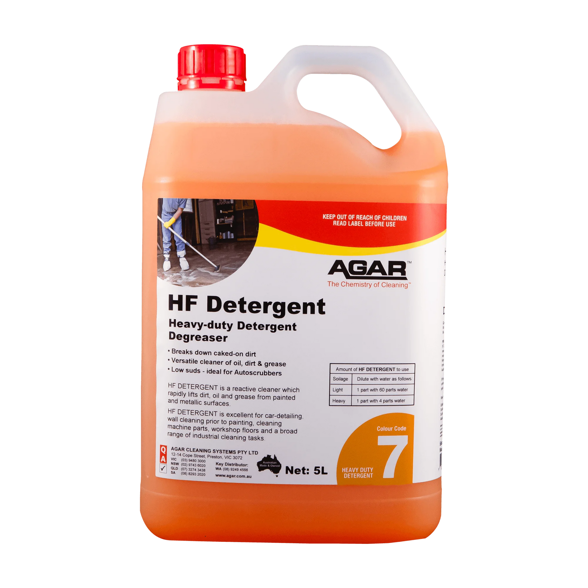 Orange and white container of Agar HF Detergent Heavy-duty Detergent Degreaser on a white background