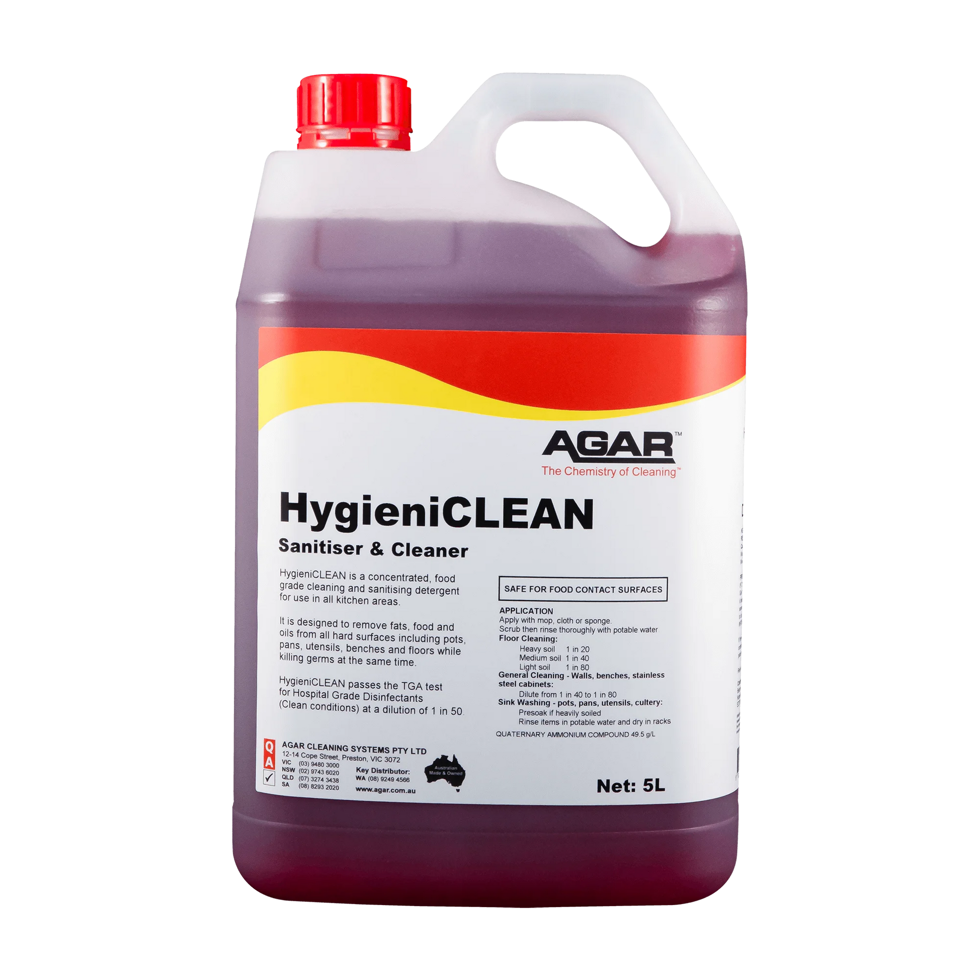 5L container of Agar HygieniCLEAN Sanitiser & Cleaner on a white background