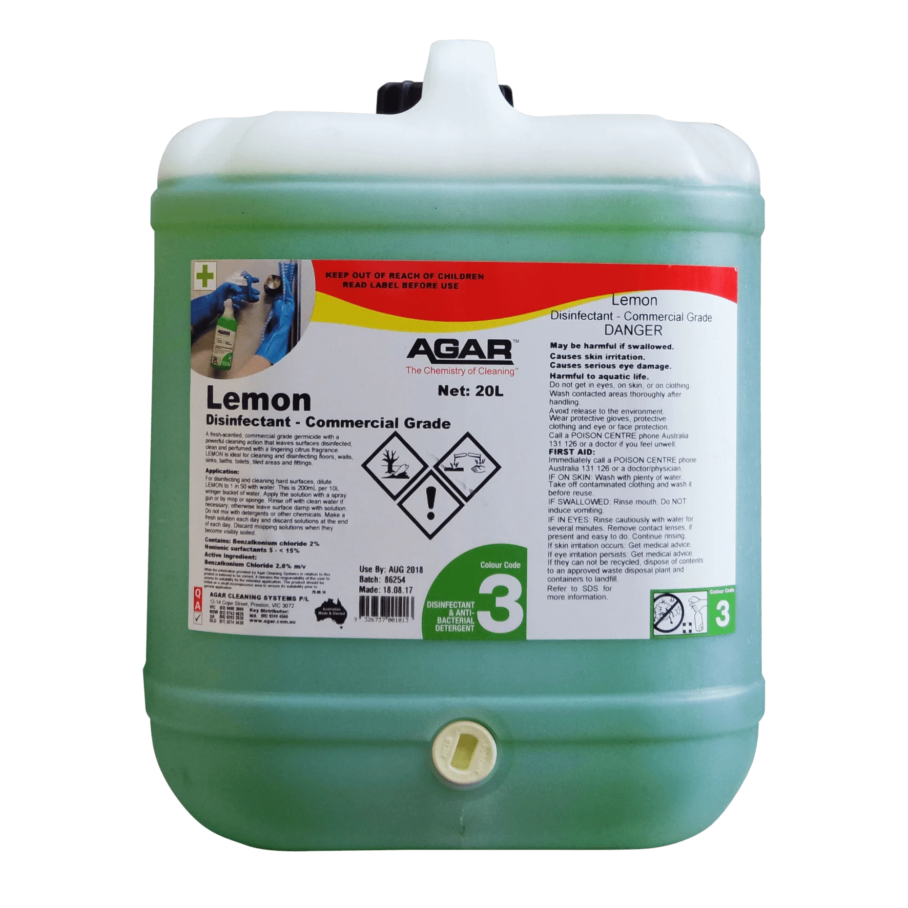 Green disinfector container with label on a white background