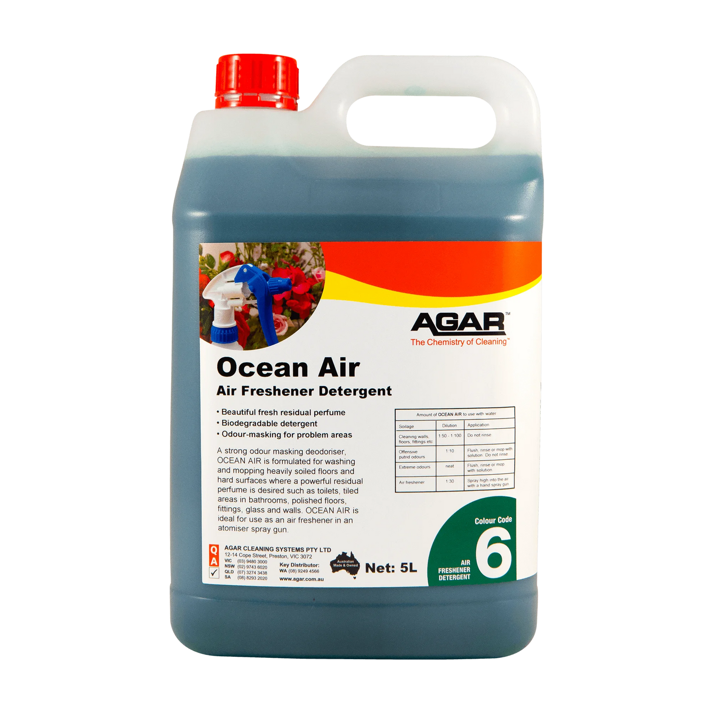 5L container of Agar Ocean Air Air Freshener Detergent on a white background