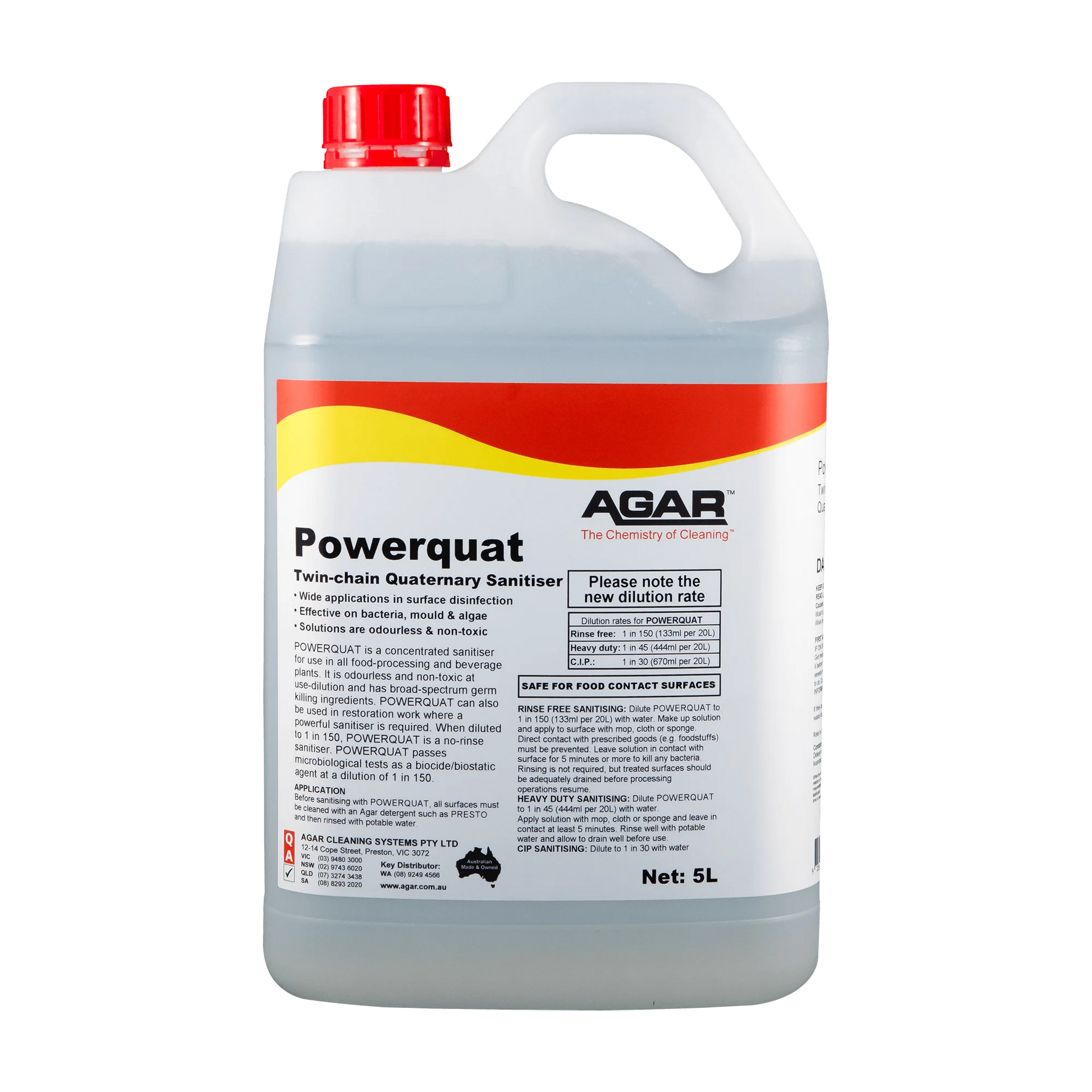 5-liter container of Agar Powerquat sanitiser on a white background