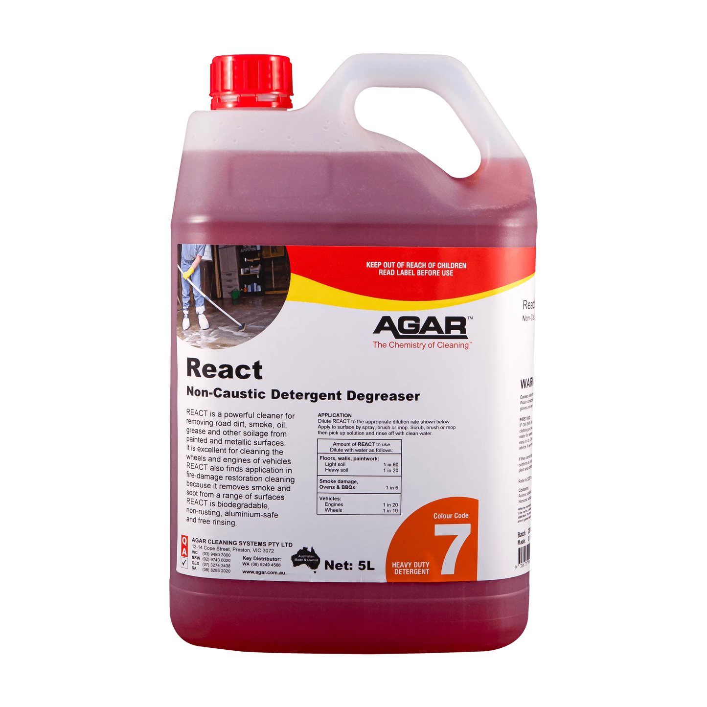 5L bottle of Agar React Non-Caustic Detergent Degreaser on a white background