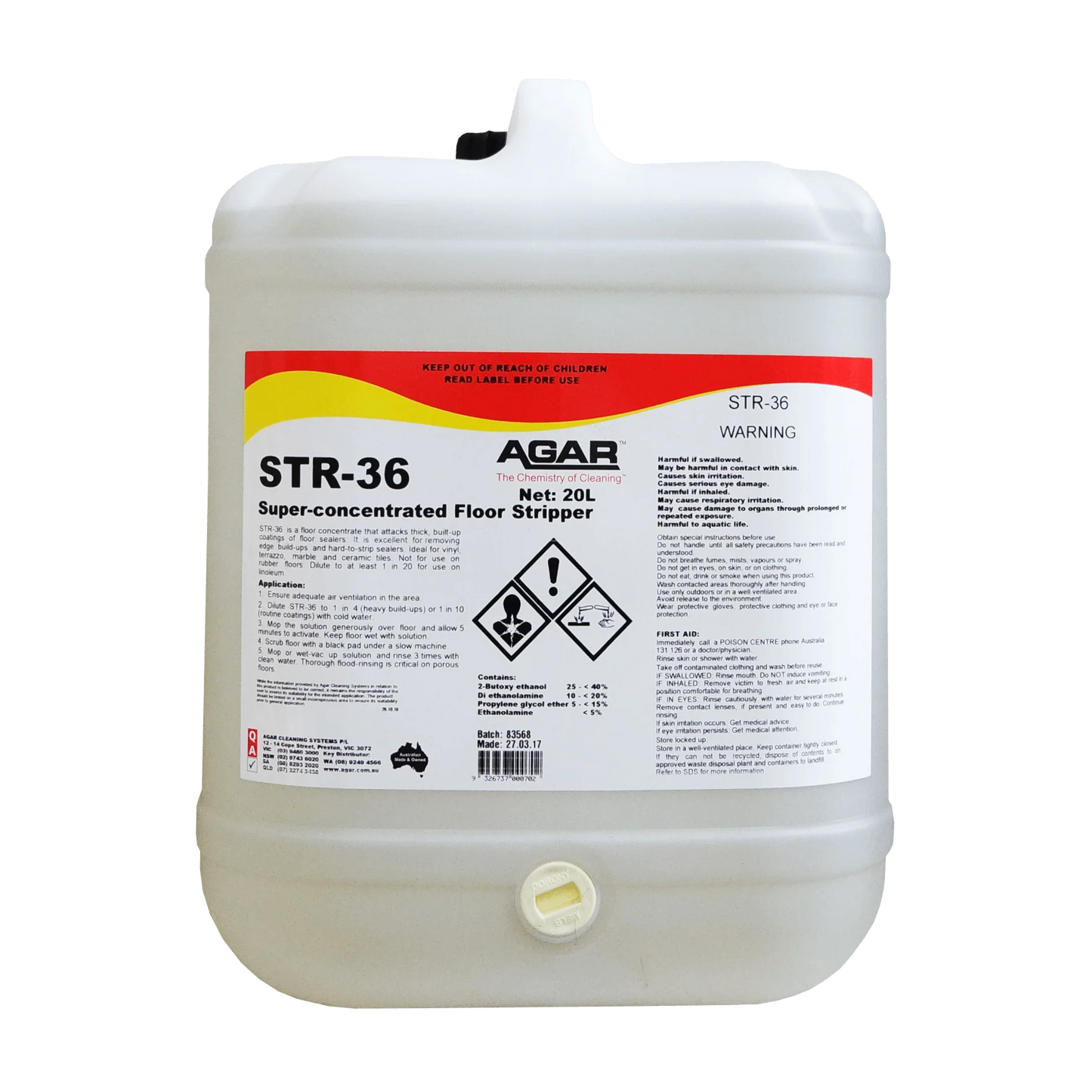 Agar STR-36 super-concentrated floor stripper container on a white background