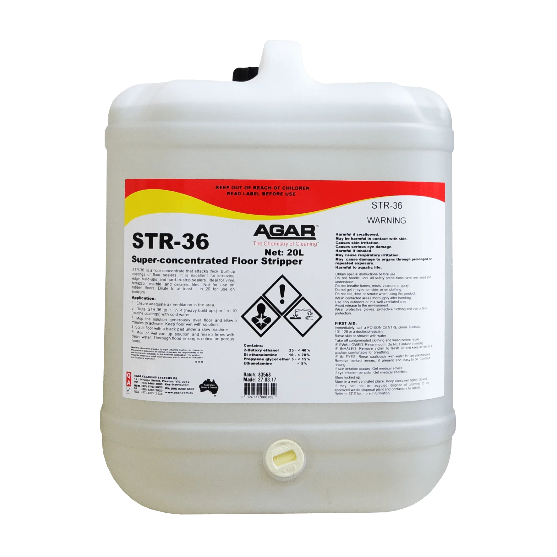 Agar STR-36 super-concentrated floor stripper container on a white background
