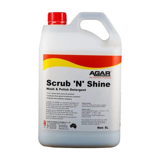 5L container of Agar Scrub 'N' Shine detergent on a white background