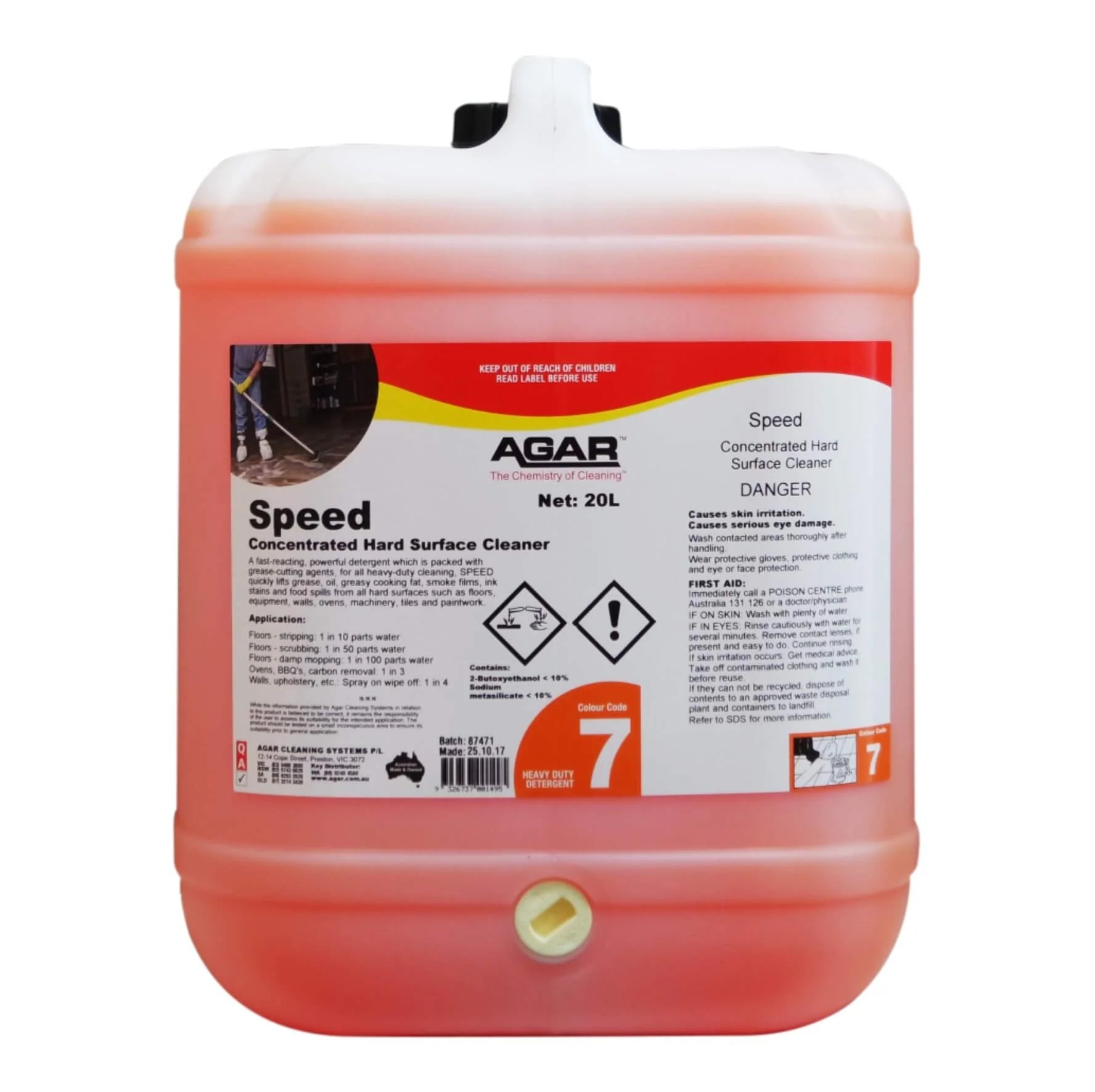 Red and white container of Agar Speed Concentrated Hard Surface Cleaner on a white background