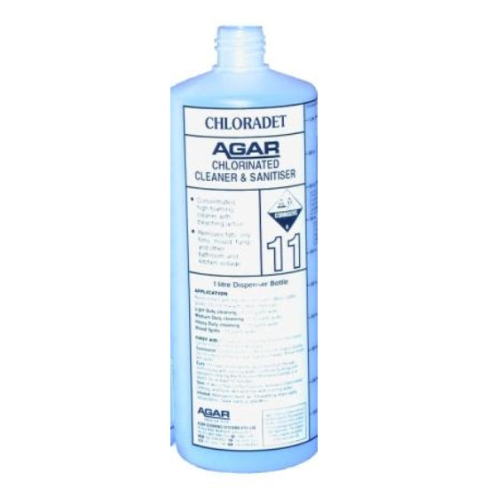Bottle of Chloradet Agar chlorinated cleaner and sanitiser on a white background