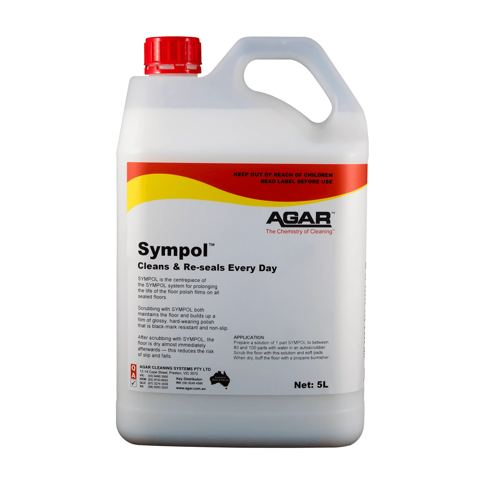 5L container of Sympol cleaning solution by Agar on a white background