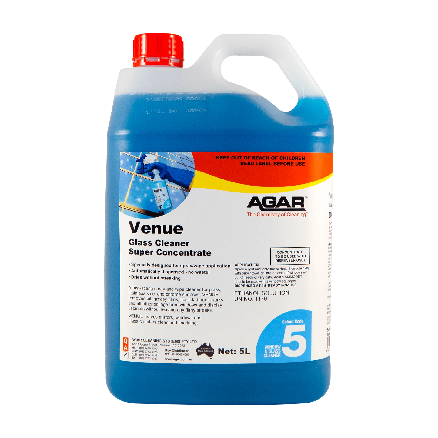 5L bottle of Agar Venue Glass Cleaner Super Concentrate on a white background