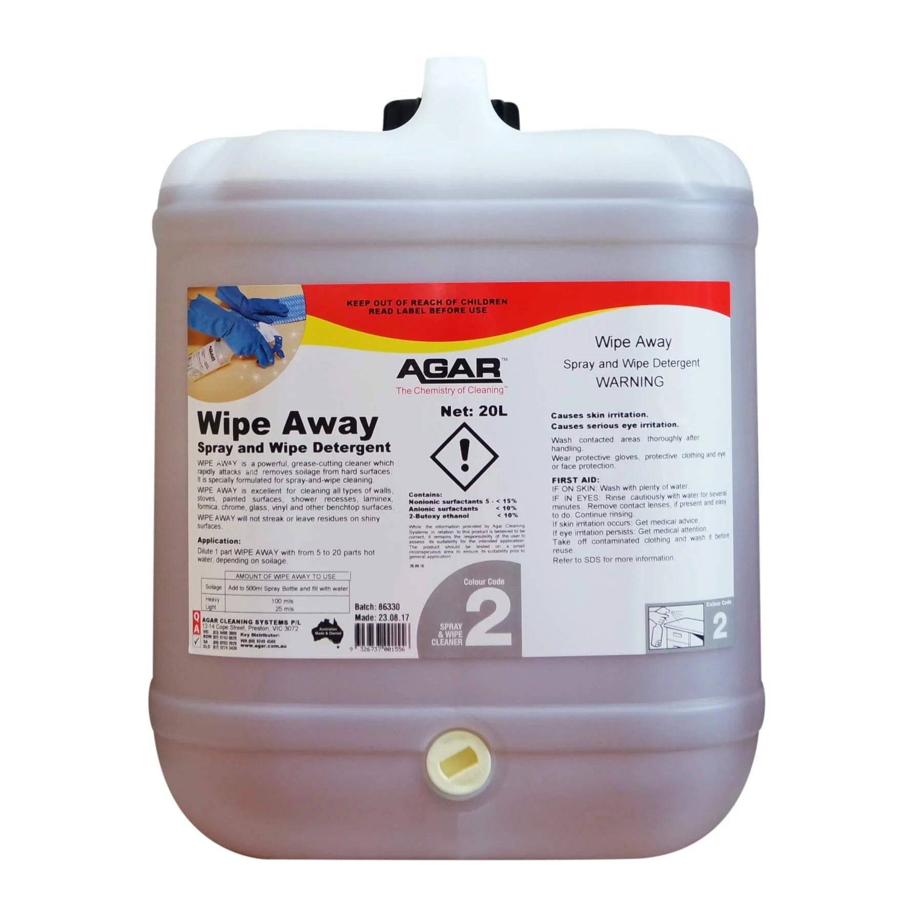 Large container of Agar Wipe Away spray and wipe detergent on a white background