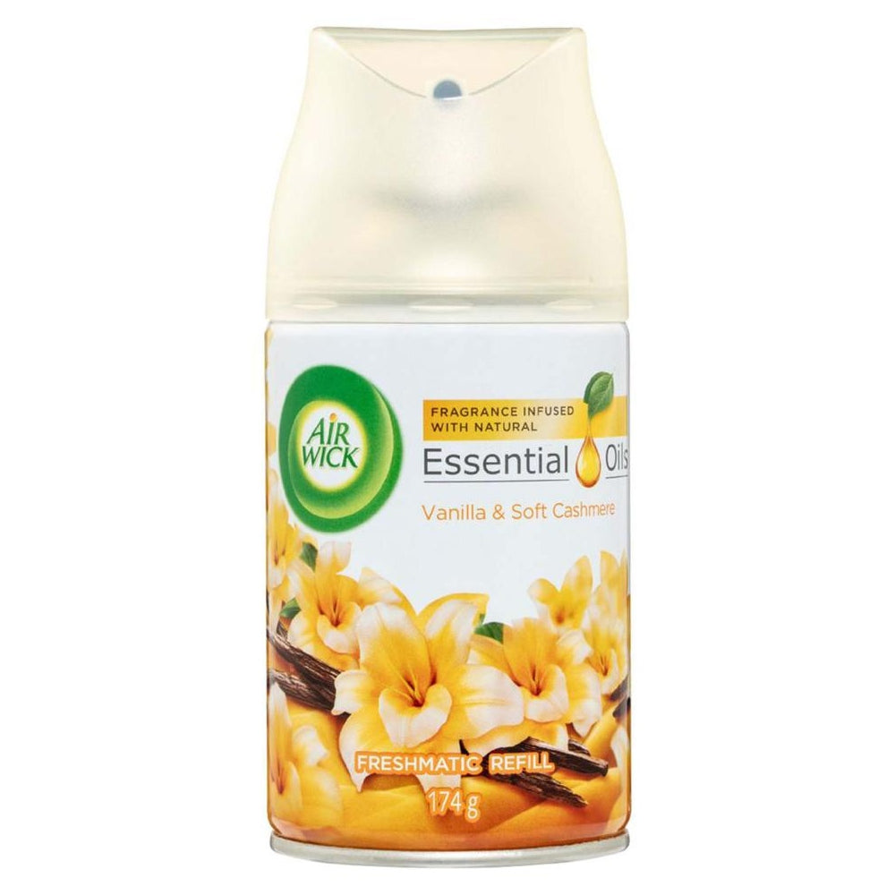 Air Wick Essential Oils Vanilla & Soft Cashmere air freshener refill can on a white background