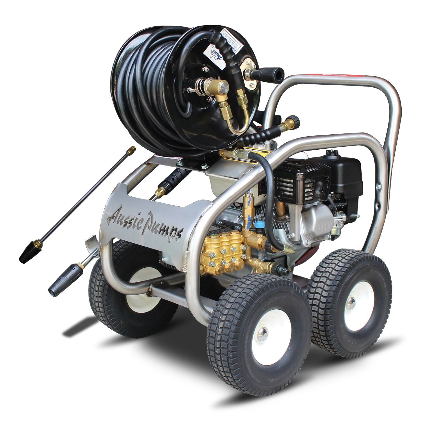 Pressure washer with hose reel and nozzle on a white background