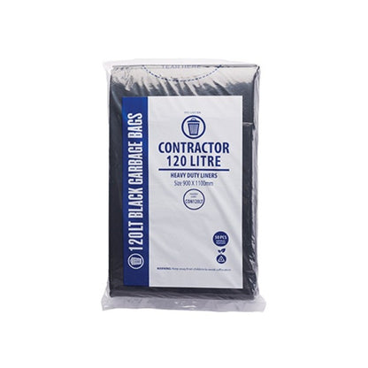Pack of 120 litre black garbage bags with packaging on a white background