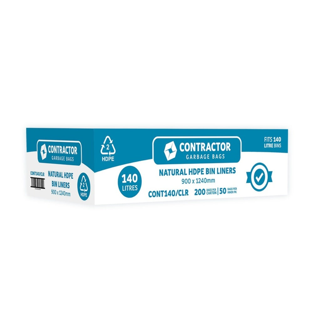 Packaging of Contractor garbage bags with specifications on a white background