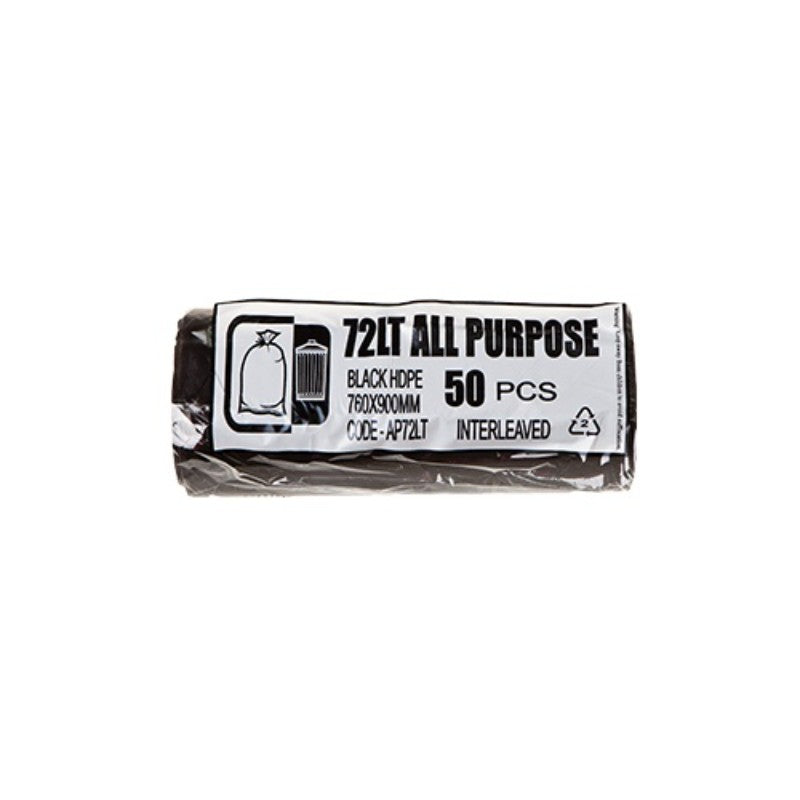 Pack of 72LT All Purpose black HDPE Bin Liner Bags, 50 pieces, on a white background