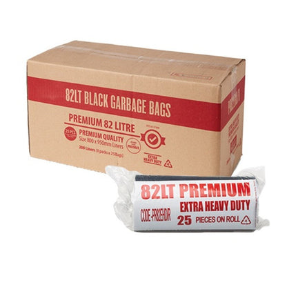 Box of 82L black garbage bags with a roll of premium extra heavy-duty bags on a white background