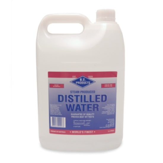 Bottle of distilled water with a label on a white background